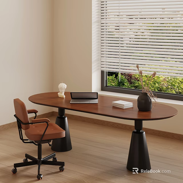 Home Office With Oval Wooden Desk Laptop Books Sculpture And Brown Chair By Window Blinds 3d model 