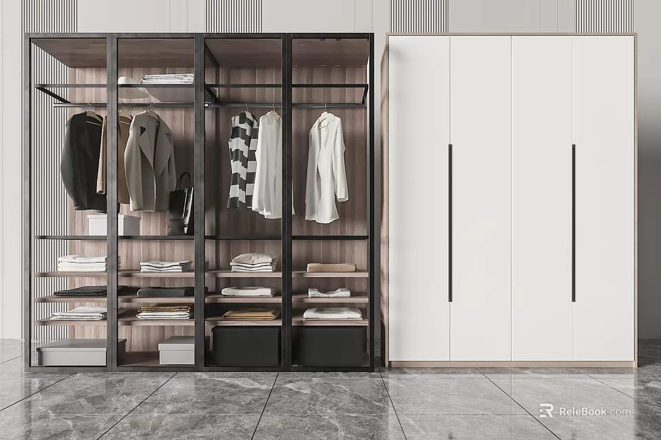 Modern Wardrobe With Open Metal Frame Hanging Clothes And White Closed Storage With Black Handles 3d model 