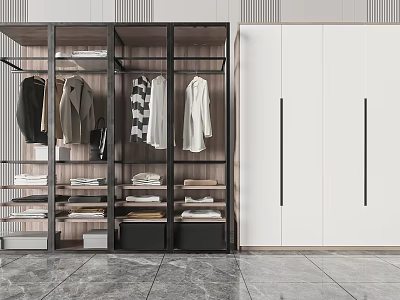 Modern Wardrobe With Open Metal Frame Hanging Clothes And White Closed Storage With Black Handles 3d model