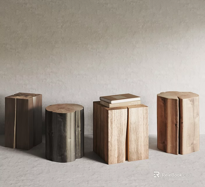 Natural Wooden Stools With Different Log Shapes And Solid Wood Texture In Minimalist Setting 3d model
