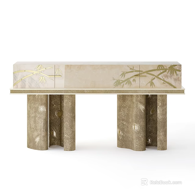 Modern Console Table With Beige Marble Top Golden Bamboo Patterns And Textured Column Legs 3d model