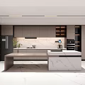 Modern Kitchen With Wooden Cabinets Marble Island And Wine Storage