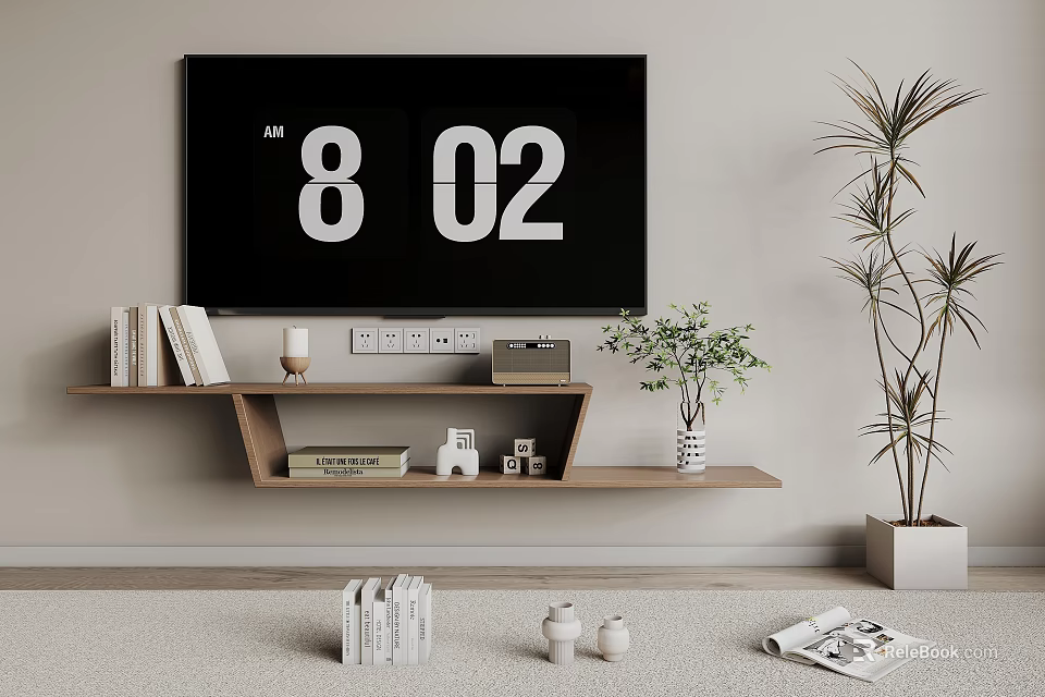 Modern Wooden Wall Mounted TV Stand With Flat Screen TV Decorations Books And Potted Plant 3d model 