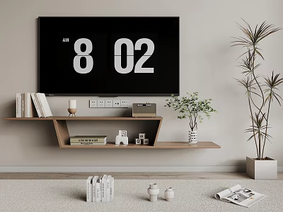 Modern Wooden Wall Mounted TV Stand With Flat Screen TV Decorations Books And Potted Plant 3d model