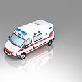 White Ambulance Vehicle With Red And Blue Stripes And Roof Emergency Lights