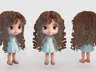 Woman With Brown Curly Hair In Light Blue Dress And Pink Shoes Three Angles View 3d model