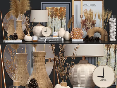 Modern Decorative Ornament Set With Ceramic Vases Rattan Lamp Dried Plants Clock And Wall Art 3d model
