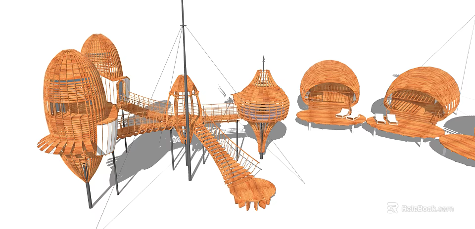 Dome Shaped Wooden House With Slide Platform And Outdoor Play Structure 3d model 