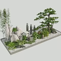 Garden Ornament With Stone Rocks Bamboo Pine Tree Small Statues Green Plants And White Pebbles