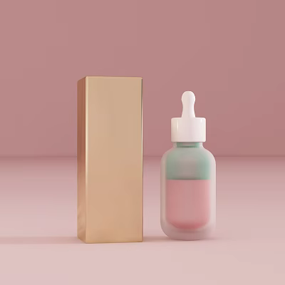Luxury Cosmetic Dropper Bottle With White Cap Pink Green Liquid And Golden Box 3d model