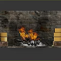 Rustic Stone Wall Fireplace With Bright Burning Flames And Stacked Cheese Blocks 3d model