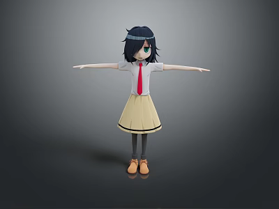 Girl With Black Hair Green Eyes Wearing White Shirt Red Tie Yellow Skirt Arms Outstretched 3d model