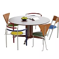 Round Table With Colorful Chairs Set Wooden Backrest Metal Legs And Fruit Bowl Open Book
