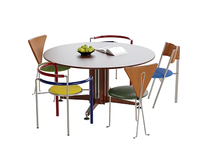 Round Table With Colorful Chairs Set Wooden Backrest Metal Legs And Fruit Bowl Open Book 3d model