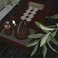 Elegant Dark Wooden Tea Set With Teapot Cups And Olive Branches On Tray
