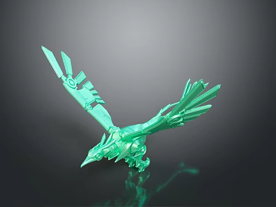 Green Mechanical Flying Bird With Spread Wings And Shiny Translucent Feather Structure 3d model