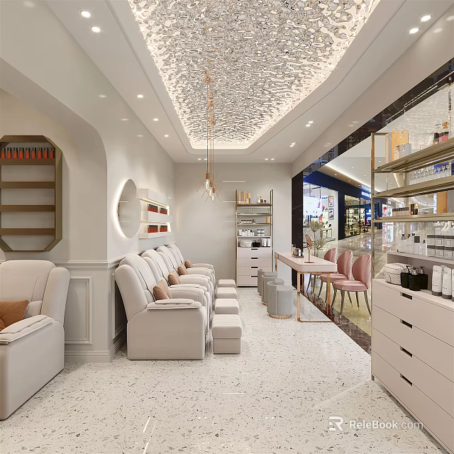 Modern Beauty Hair Salon Interior With Comfortable Sofas Styling Chairs And Decorative Shelves 3d model 