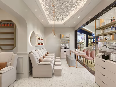 Modern Beauty Hair Salon Interior With Comfortable Sofas Styling Chairs And Decorative Shelves 3d model