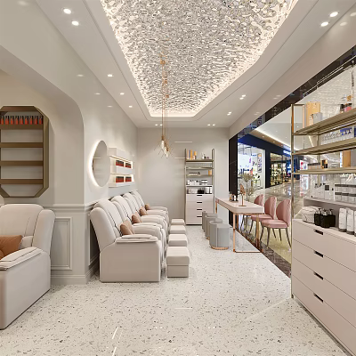 Modern Beauty Hair Salon Interior With Comfortable Sofas Styling Chairs And Decorative Shelves 3d model