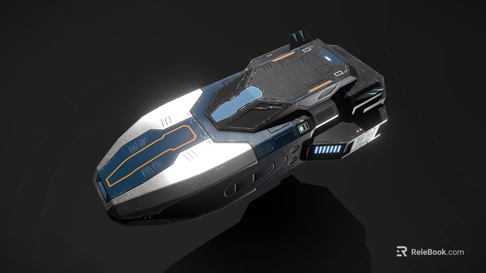 Futuristic Sci-Fi Spaceship 3D Model With Black Silver Exterior And Blue Orange Accents 3d model 
