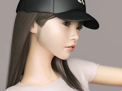 Fashionable Woman With Long Hair In Black Cap And Light T-shirt Side Profile Look 3d model