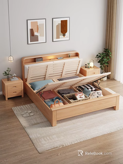 Cozy Bedroom Interior With Wooden Storage Bed Nightstands Table Lamps Wall Paintings And Potted Plant 3d model 