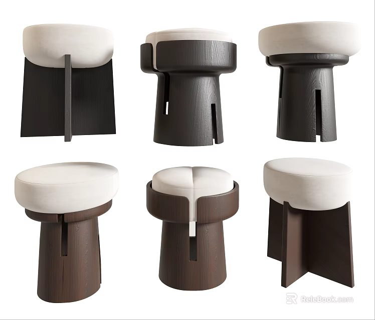 Modern Wooden Base Stools With White Cushion And Various Design Styles 3d model 