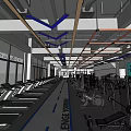 Spacious Body Dynamic Gym Interior With Treadmills Various Fitness Equipment And Blue Lighting Windows