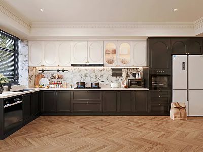 Modern Kitchen Interior With White Upper Dark Lower Cabinets Marble Countertop And Herringbone Wooden Floor 3d model
