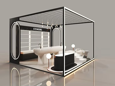 Modern Exhibition Booth With Standers Brand Display White Counter And Lighting Design 3d model