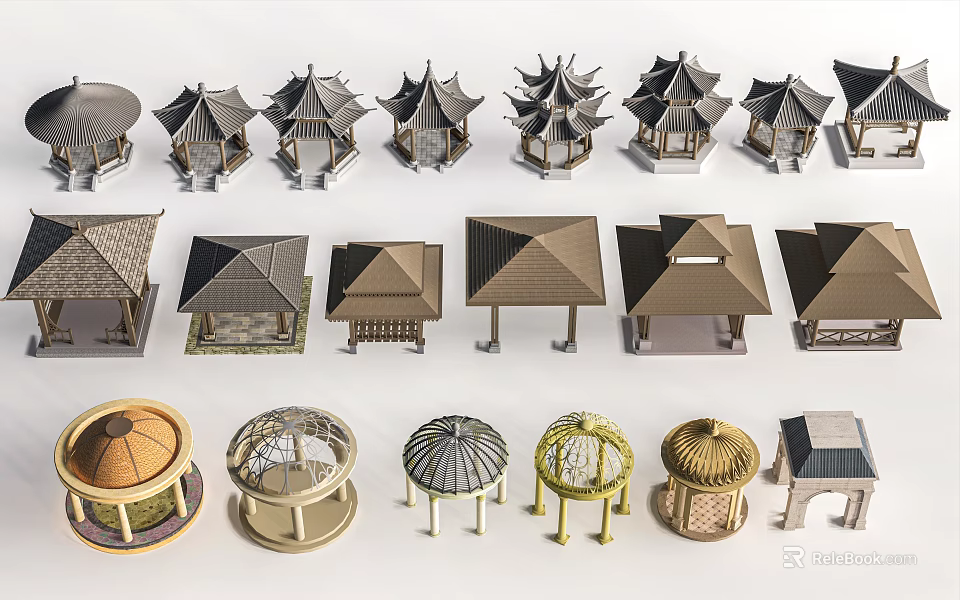 Various Traditional And Modern Pavilion Models With Diverse Roof Designs And Structures 3d model 