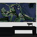 Abstract Blue Green Painting On Wall With Black Bench And Sculpture Decor