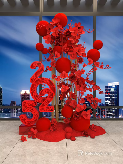 Floral Art Installation with Red Flowers Red Spheres 2025 Number Design and City Night View 3d model 