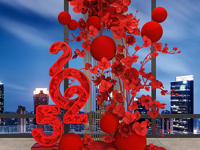 Floral Art Installation with Red Flowers Red Spheres 2025 Number Design and City Night View 3d model