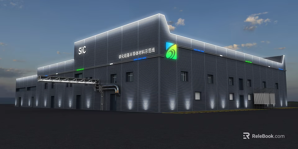 Modern Industrial Factory Building Of Innovative Center Featuring SIC Logo Metal Facade And Lighting 3d model 