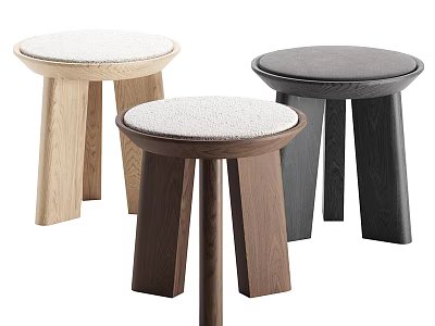 Modern Round Wooden Stools With White Upholstered Seats In Light Dark And Black Tones 3d model