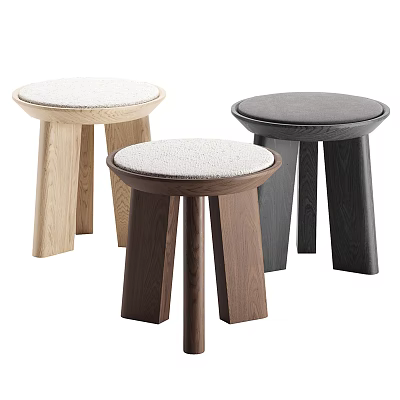 Modern Round Wooden Stools With White Upholstered Seats In Light Dark And Black Tones 3d model