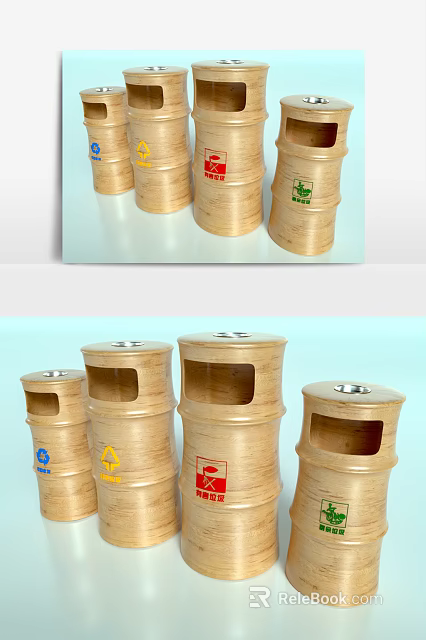 Public Facilities Wooden Waste Bins With Different Symbol Markings For Trash Sorting 3d model 