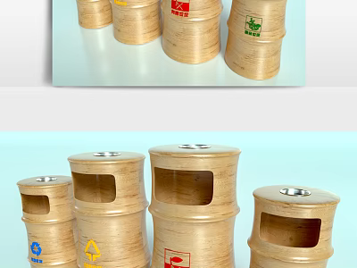 Public Facilities Wooden Waste Bins With Different Symbol Markings For Trash Sorting 3d model