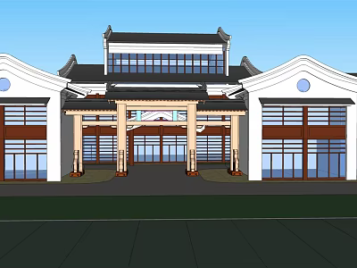 Traditional Chinese Style Commercial Street With Overhanging Eaves White Walls And Large Windows 3d model