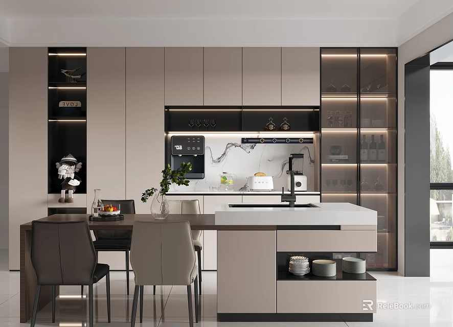 Modern Restaurant Interior With Open Kitchen Island Counter Dining Table And Chairs 3d model