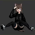 Anime Style Woman In Pink Hoodie With Cat Ears Tail Sitting On Black Floor