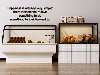 Elegant Glass Display Cabinets Holding Fresh Bread Cakes and Canned Goods 3d model