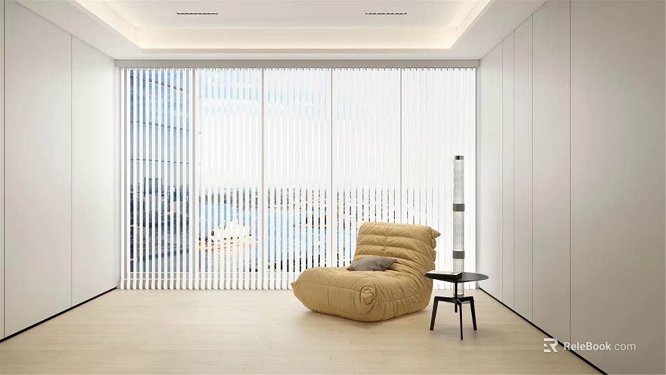 Bean Bag Chair in Modern Bright Room with Large Windows Blinds and Small Side Table 3d model 