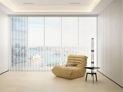 Bean Bag Chair in Modern Bright Room with Large Windows Blinds and Small Side Table 3d model