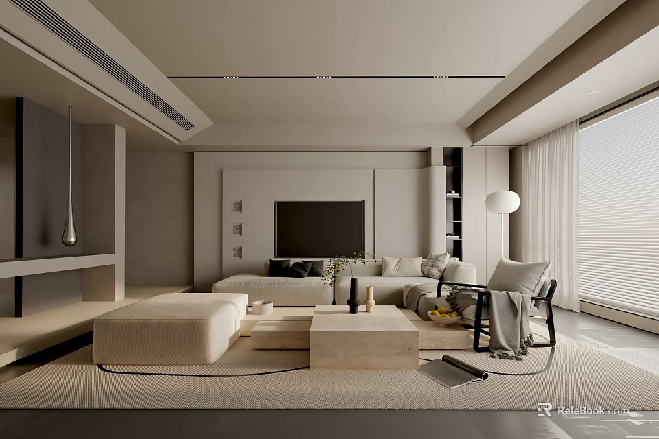 Modern Living Room Interior With Beige Sofa TV Wall And Floor-To-Ceiling Windows 3d model 