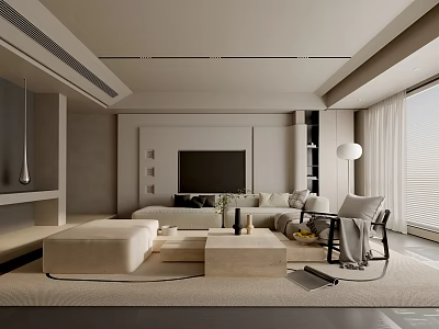 Modern Living Room Interior With Beige Sofa TV Wall And Floor-To-Ceiling Windows 3d model