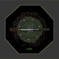 Futuristic Green Red Metallic Weapon On Black Hexagonal Platform With Green Glowing Ring And