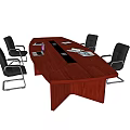 Mahogany Conference Table With Black Office Chairs And Laptop Documents In Meeting Room