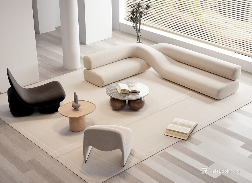 Modern Beige Curved Sofa Coffee Table Combination With Wooden Round Table Black And Gray Chairs 3d model 